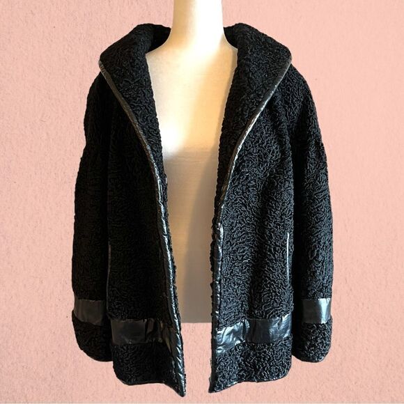 Vintage 1960s Hudson Bay black Persian lamb wool coat leather accents - Picture 1 of 16